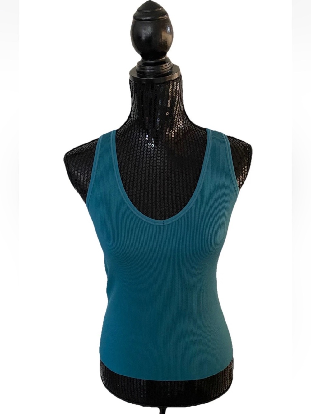 🆕 Athleta Aurora Seamless Rib Teal Tank Top Teal V-Neck Athletic Stretch Sz S